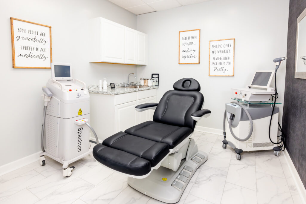 One of our spacious, bright treatment rooms for direct primary care in Overland Park with a comfortable, reclining chair.